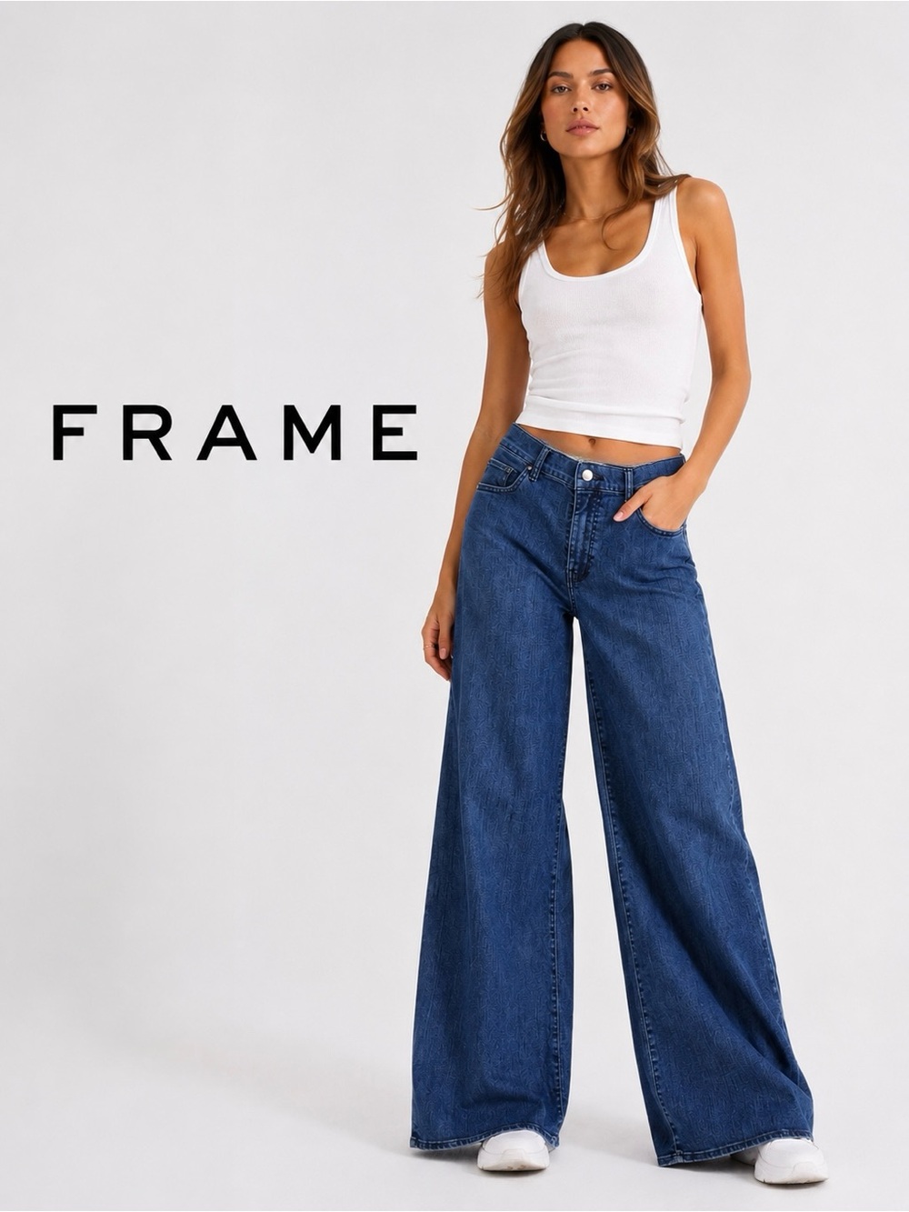 Frame Denim High-Rise Wide Leg Jeans in Deep Blue